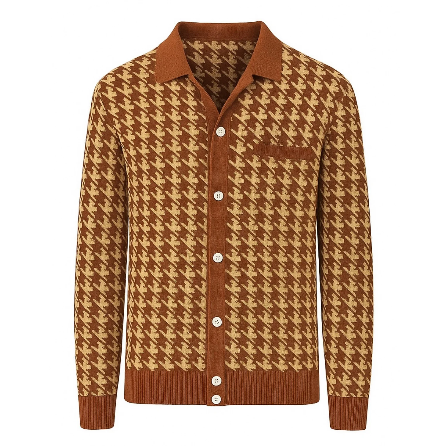 Men's orange brown jacquard primrose 60's knitted cardigan