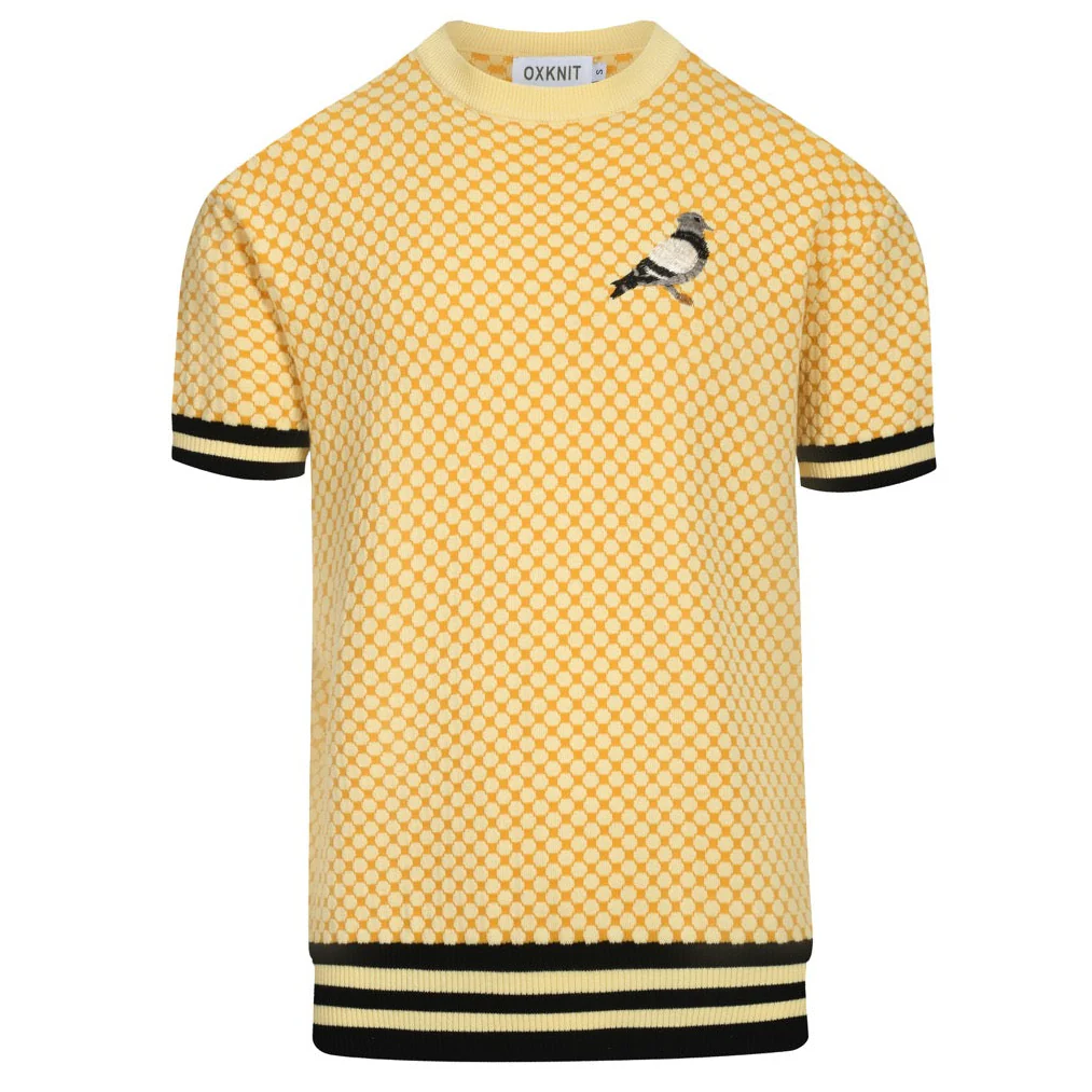 Men's yellow vintage jacquard embroidered knitted T-shirt