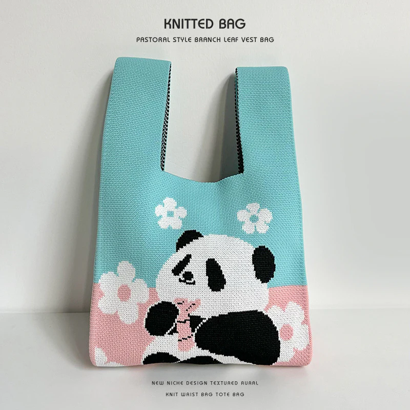 Panda wrist bag handbag cute panda flower knitted bag - Image 8
