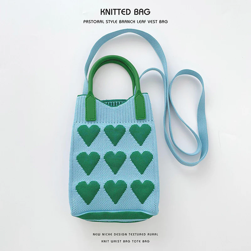 Pink Heart Shape Mini Phone Bag Knit Tote - Image 10