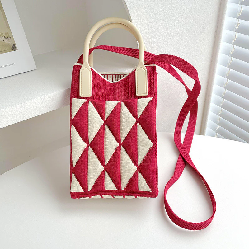 Pink Heart Shape Mini Phone Bag Knit Tote - Image 13
