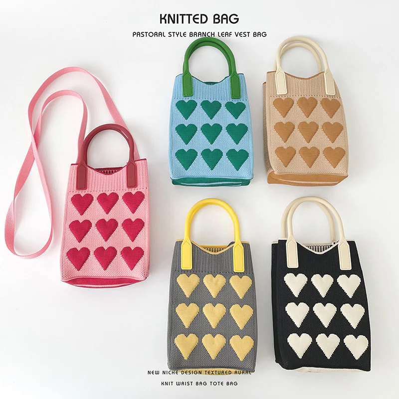 Pink Heart Shape Mini Phone Bag Knit Tote - Image 3