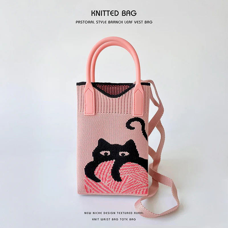 Pink Heart Shape Mini Phone Bag Knit Tote - Image 42