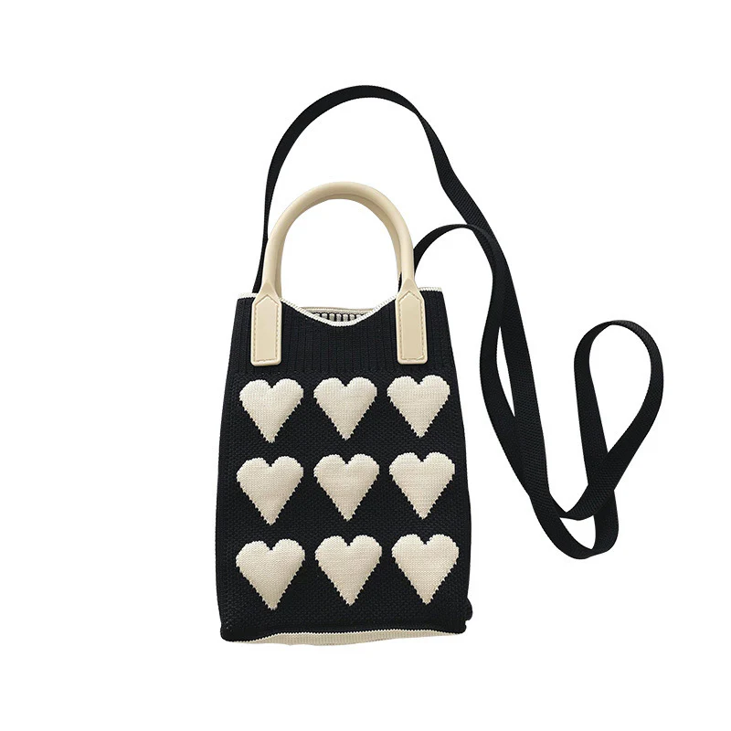 Pink Heart Shape Mini Phone Bag Knit Tote - Image 6