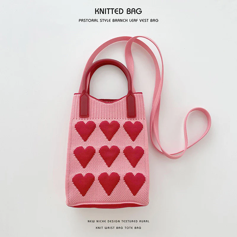 Pink Heart Shape Mini Phone Bag Knit Tote - Image 7