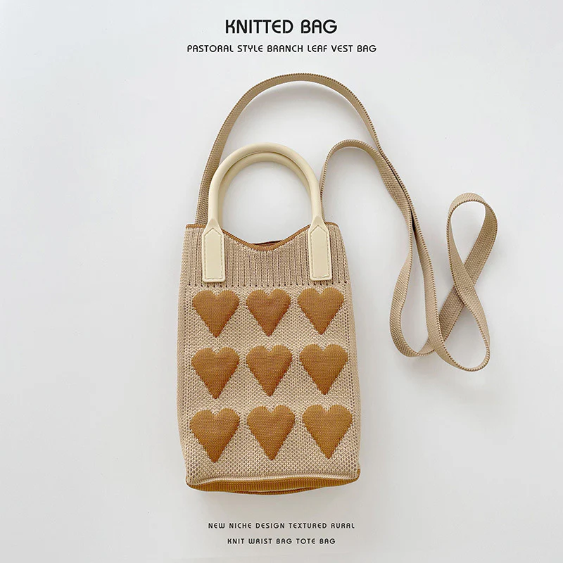 Pink Heart Shape Mini Phone Bag Knit Tote - Image 9