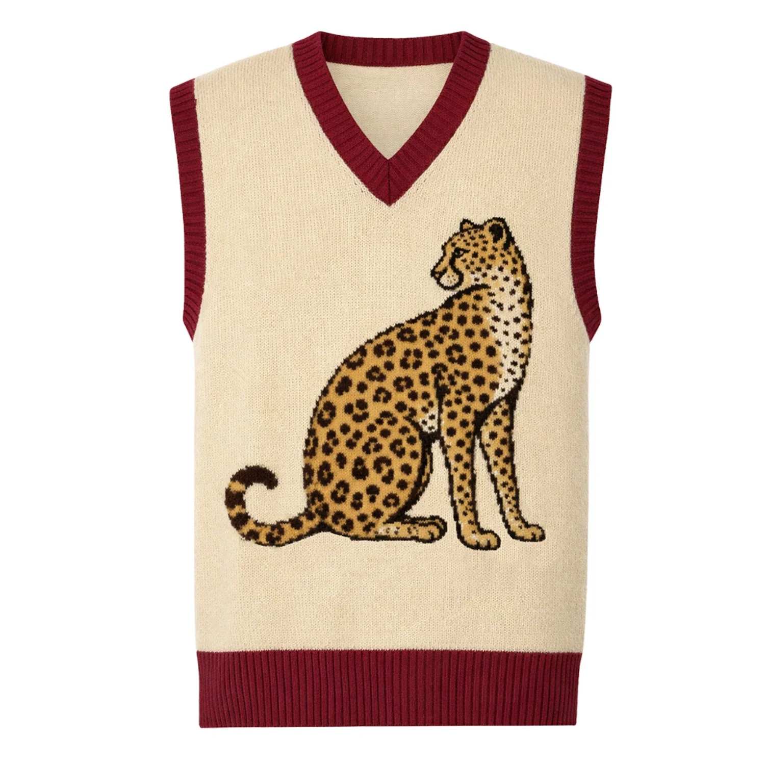 Unisex vintage khaki cheetah Dog Jacquard knit vest