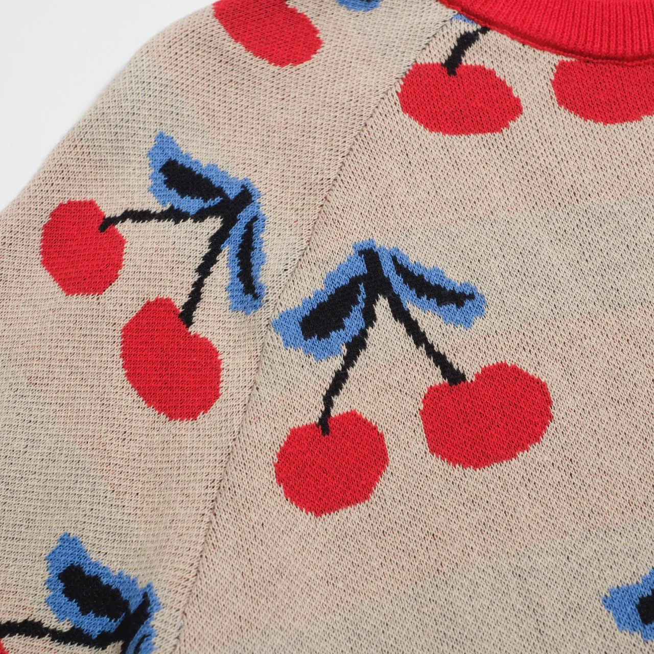 Women’s 70s Beige Cherry Knit Tee – Retro Fruit Print Top-Cropped Length - Image 2