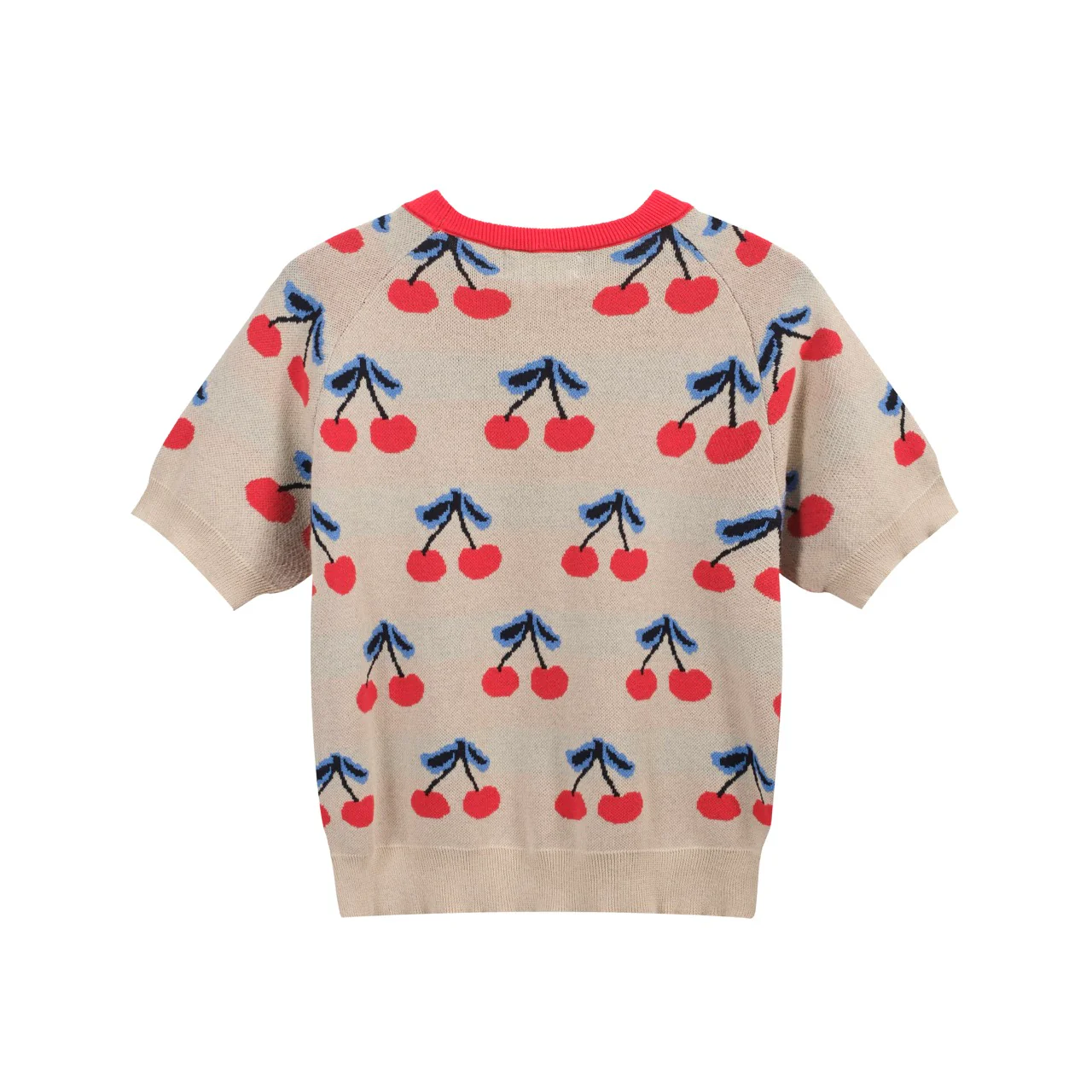 Women’s 70s Beige Cherry Knit Tee – Retro Fruit Print Top-Cropped Length - Image 3