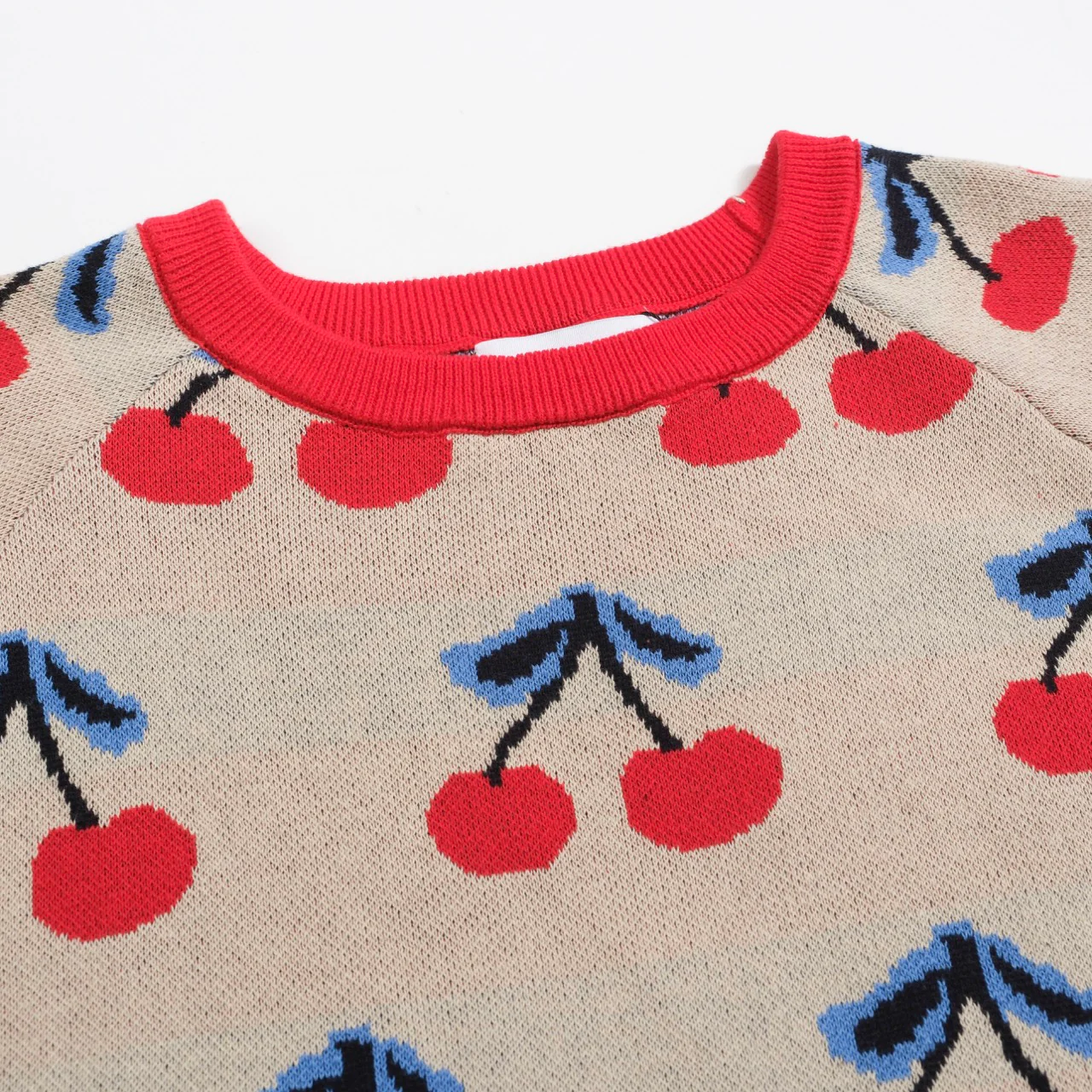 Women’s 70s Beige Cherry Knit Tee – Retro Fruit Print Top-Cropped Length - Image 4