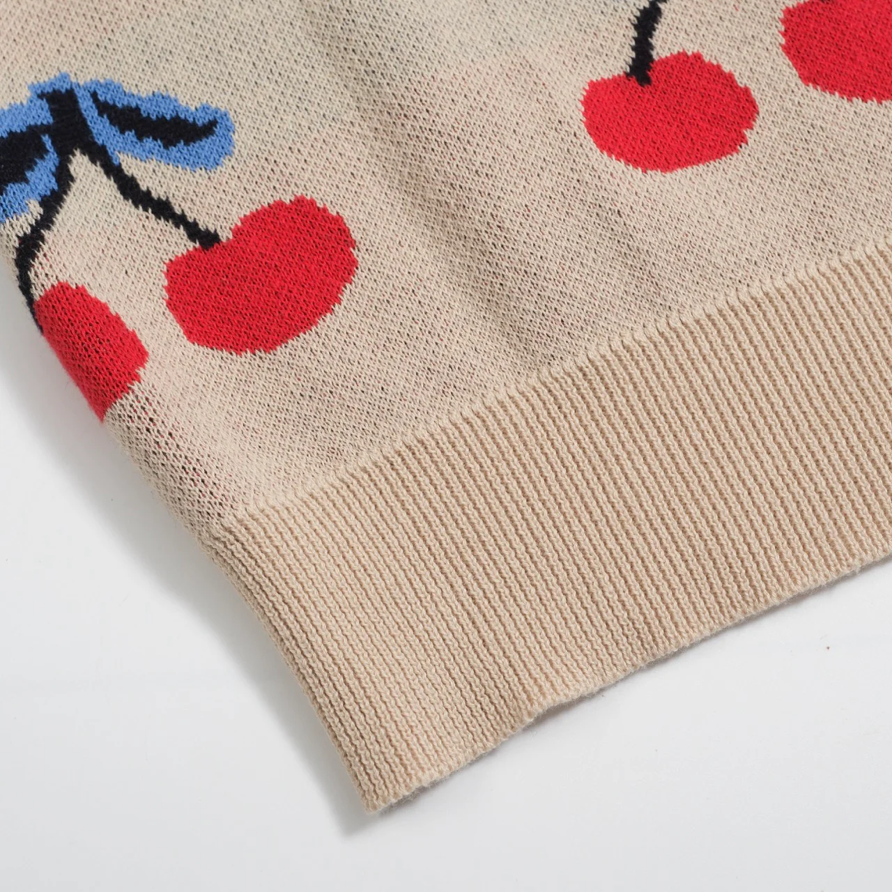 Women’s 70s Beige Cherry Knit Tee – Retro Fruit Print Top-Cropped Length - Image 6