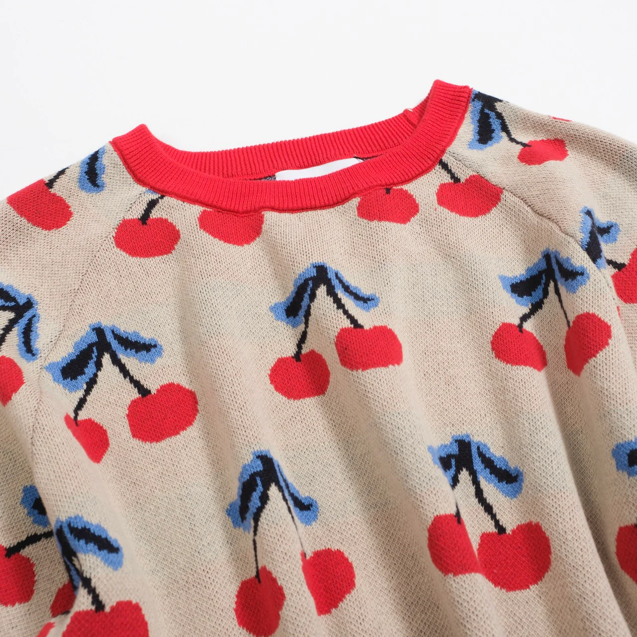 Women’s 70s Beige Cherry Knit Tee – Retro Fruit Print Top-Cropped Length - Image 7