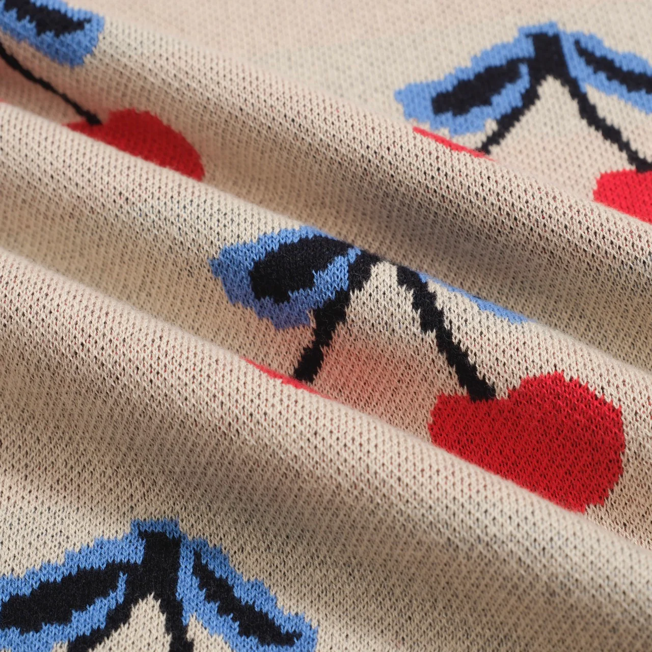 Women’s 70s Beige Cherry Knit Tee – Retro Fruit Print Top-Cropped Length - Image 8