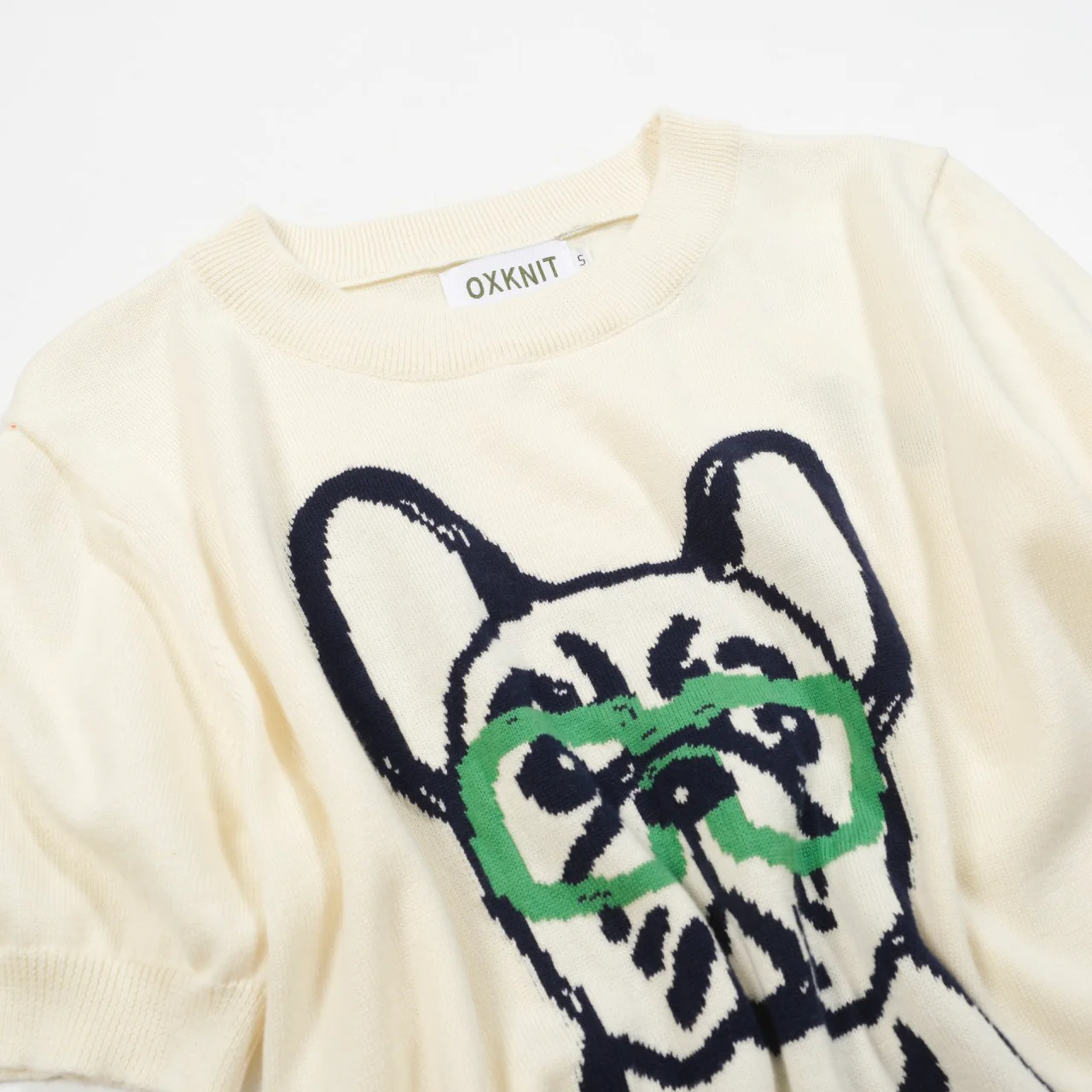 Women’s French Bulldog Knit Tee – Cream Short Sleeve Top - Image 8