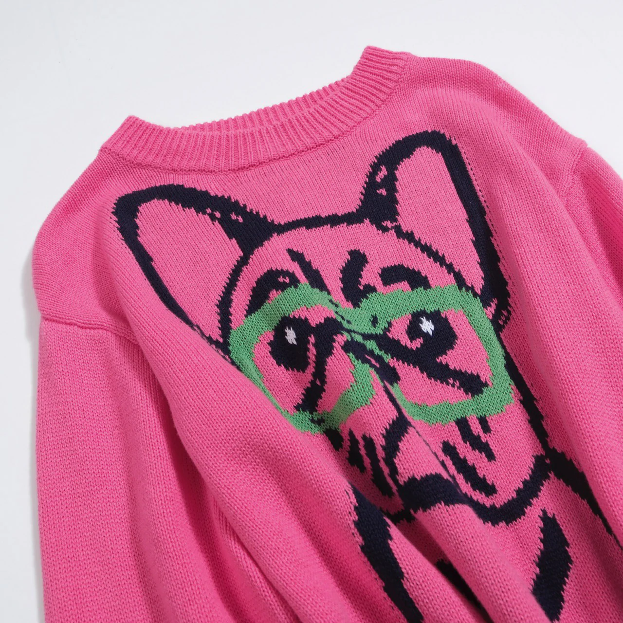Women’s Hot Pink French Bulldog Sweater – Quirky Knit with Glasses Dog Motif - Image 9