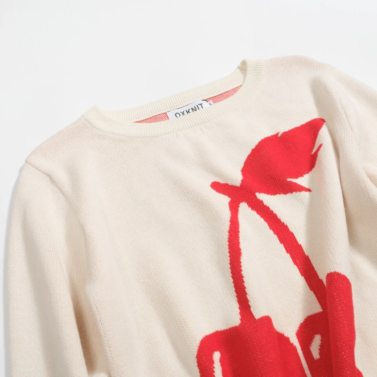 Women retro cream white cherry jacquard knitwear - Image 7
