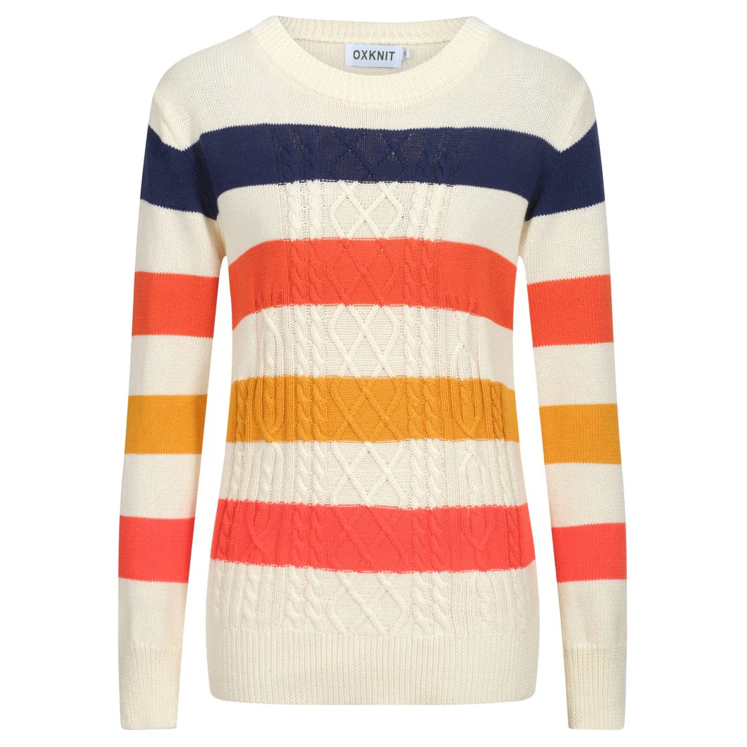 Women retro cream white twisted knit jacquard knitwear