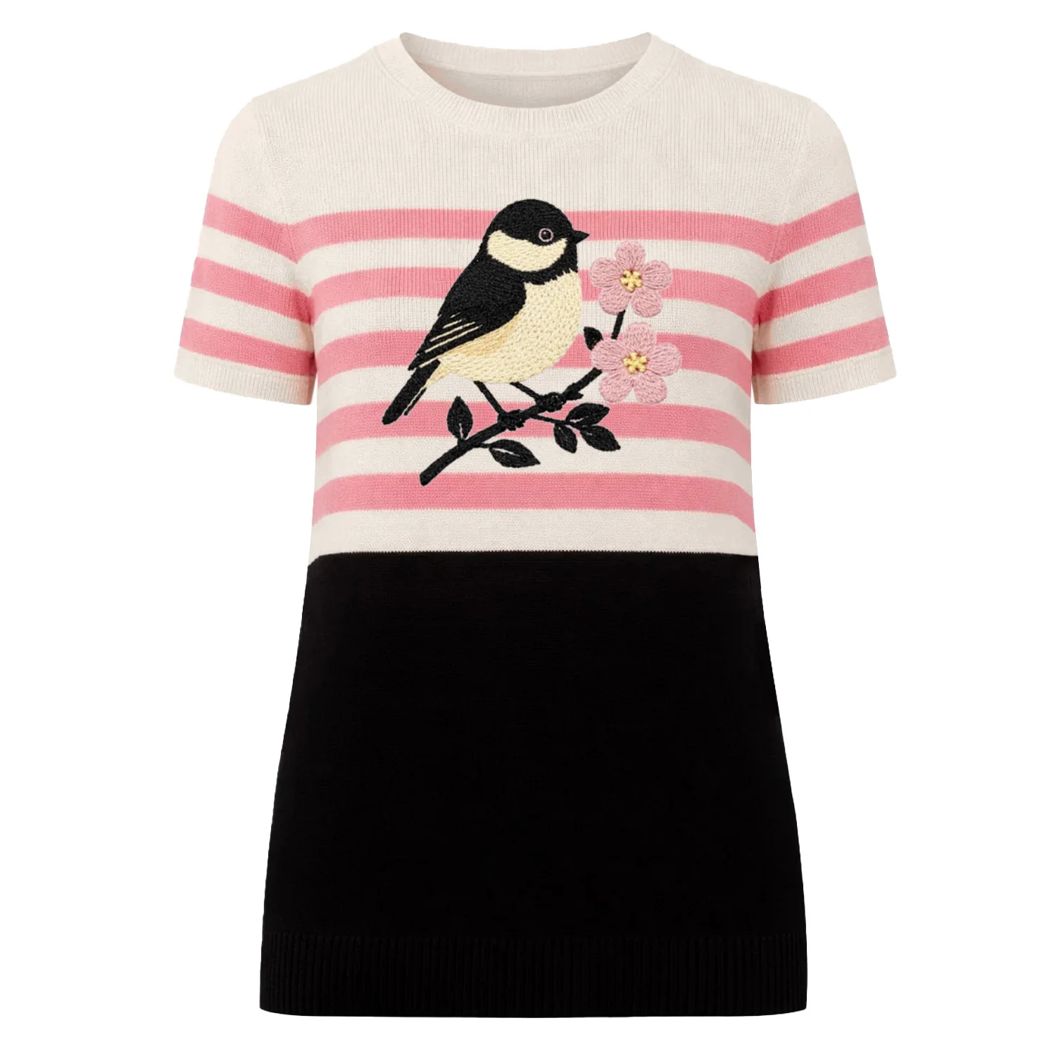 Women's Apricot White Bird Stripe Art Knit T-shirt