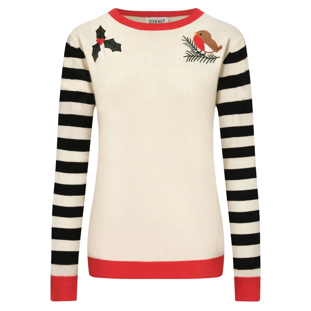 Women's Apricot White Embroidered Stripes Classic Vintage Jacquard Knitwear