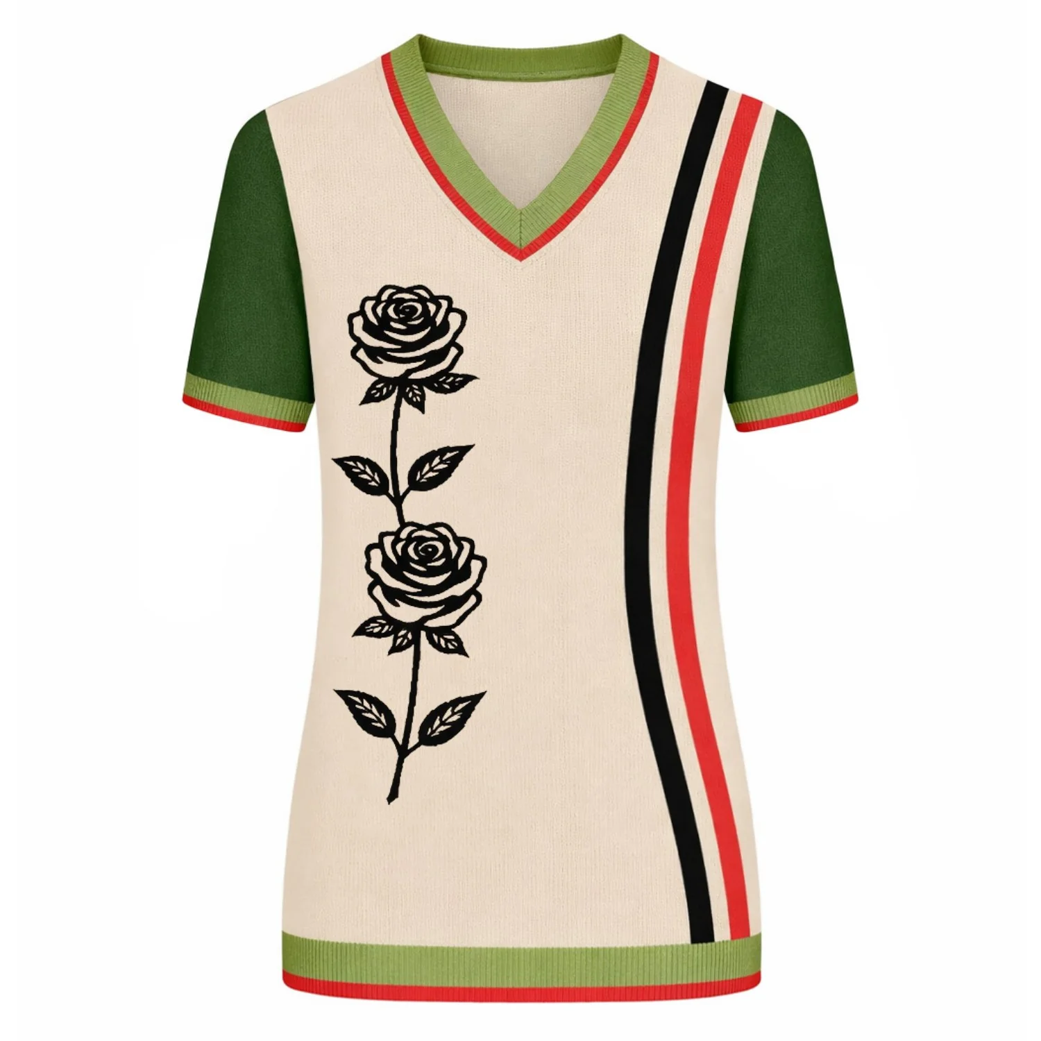 Women's Apricot White Vintage Art Rose Jacquard Knit T-Shirt