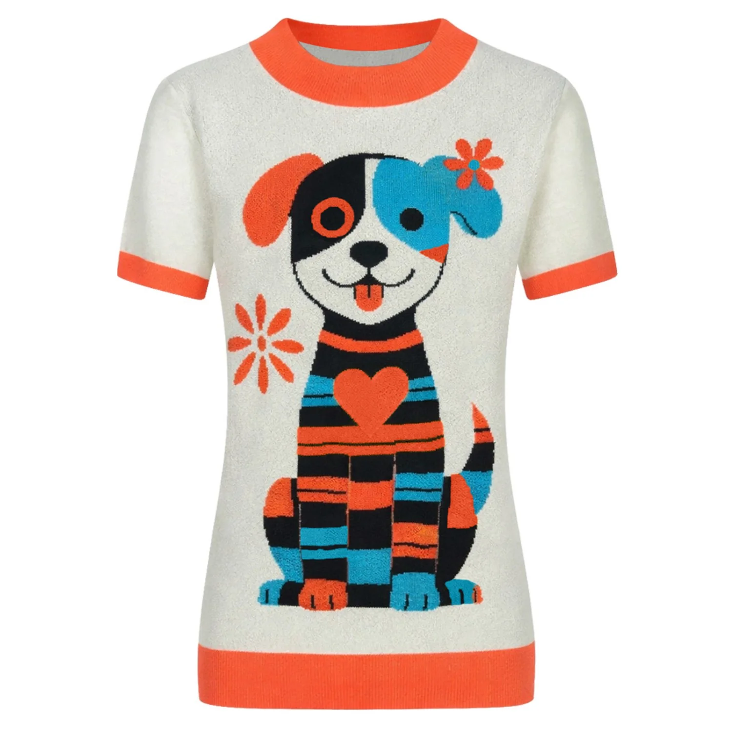 Women's Apricot White Vintage Puppy Jacquard Knit T-Shirt