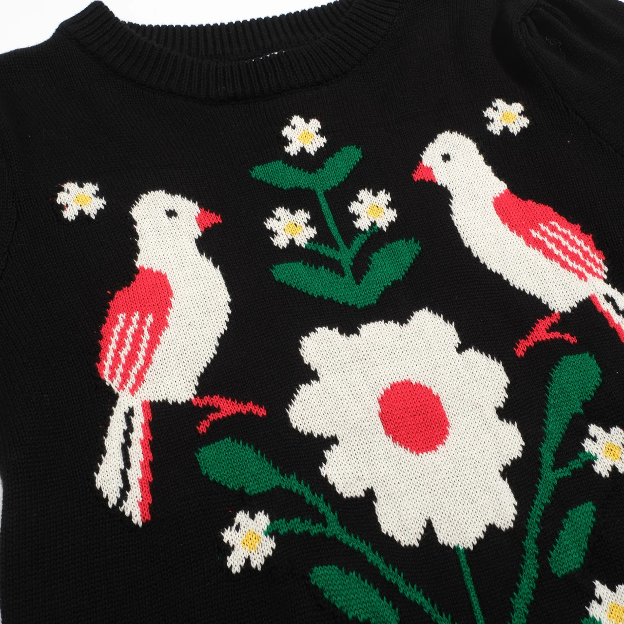 Women's black bird vintage bubble sleeve knitwear - Image 2