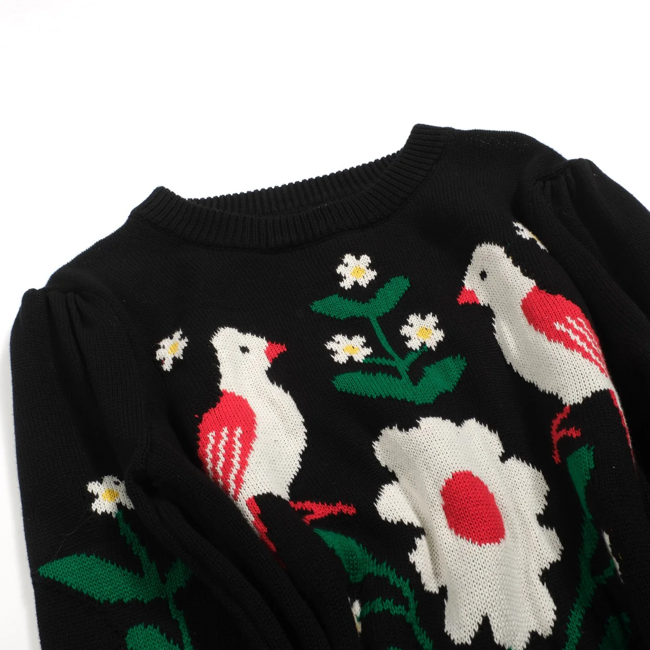 Women's black bird vintage bubble sleeve knitwear - Image 8