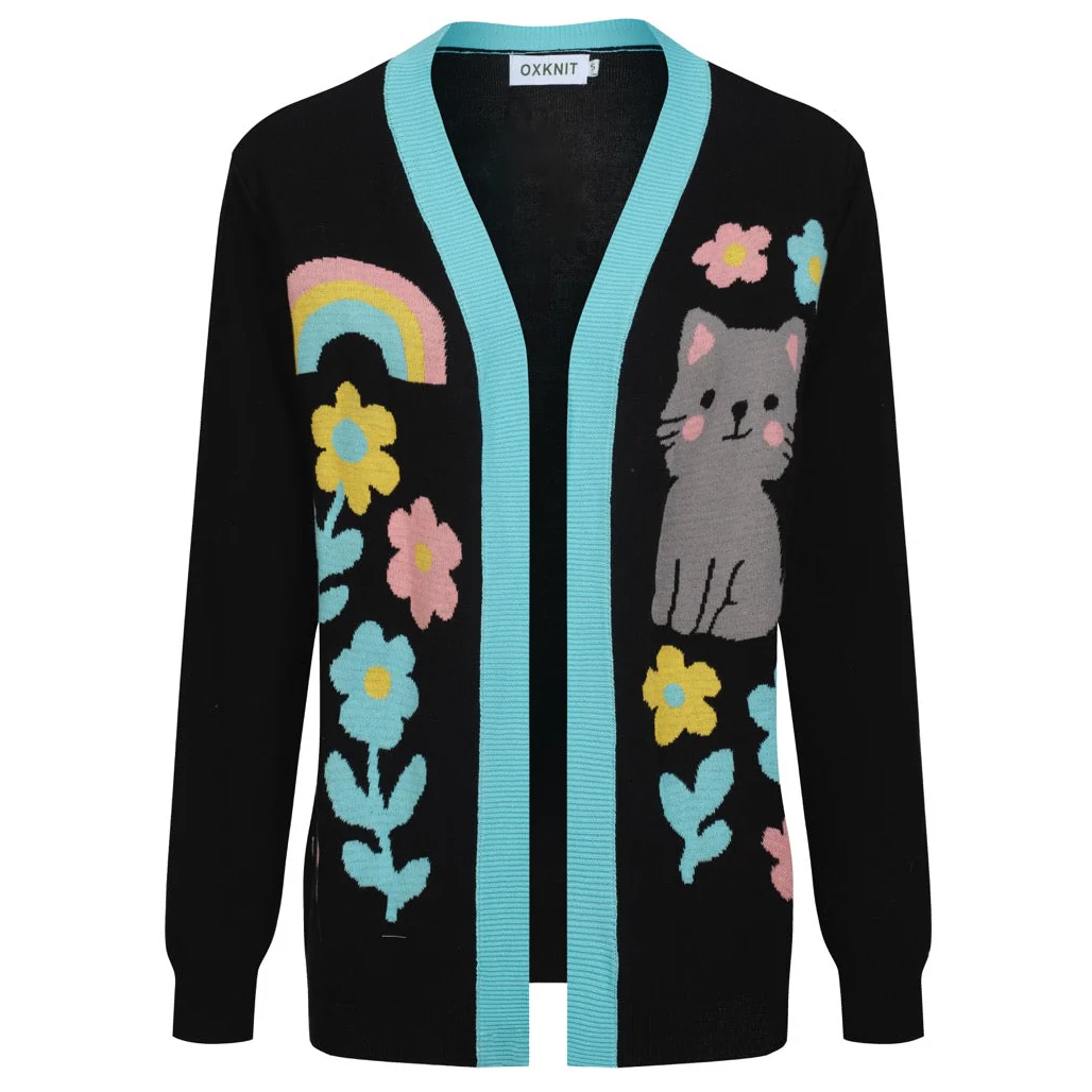 Women's black cat floral jacquard cardigan