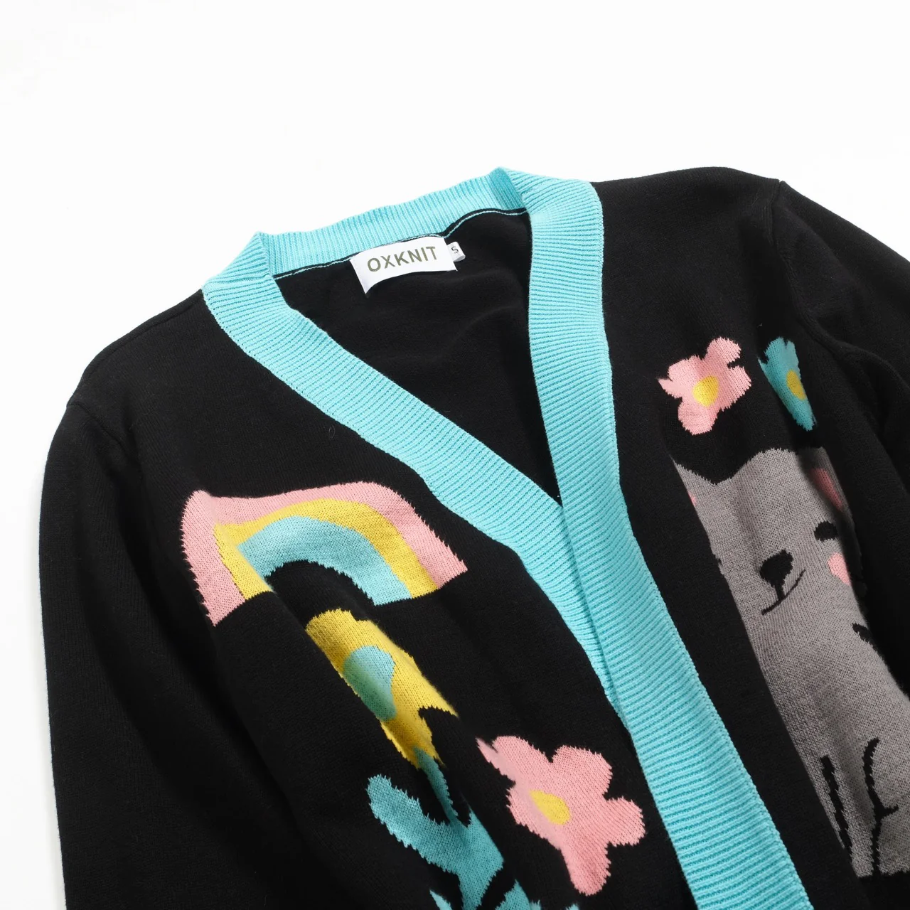 Women's black cat floral jacquard cardigan - Image 8