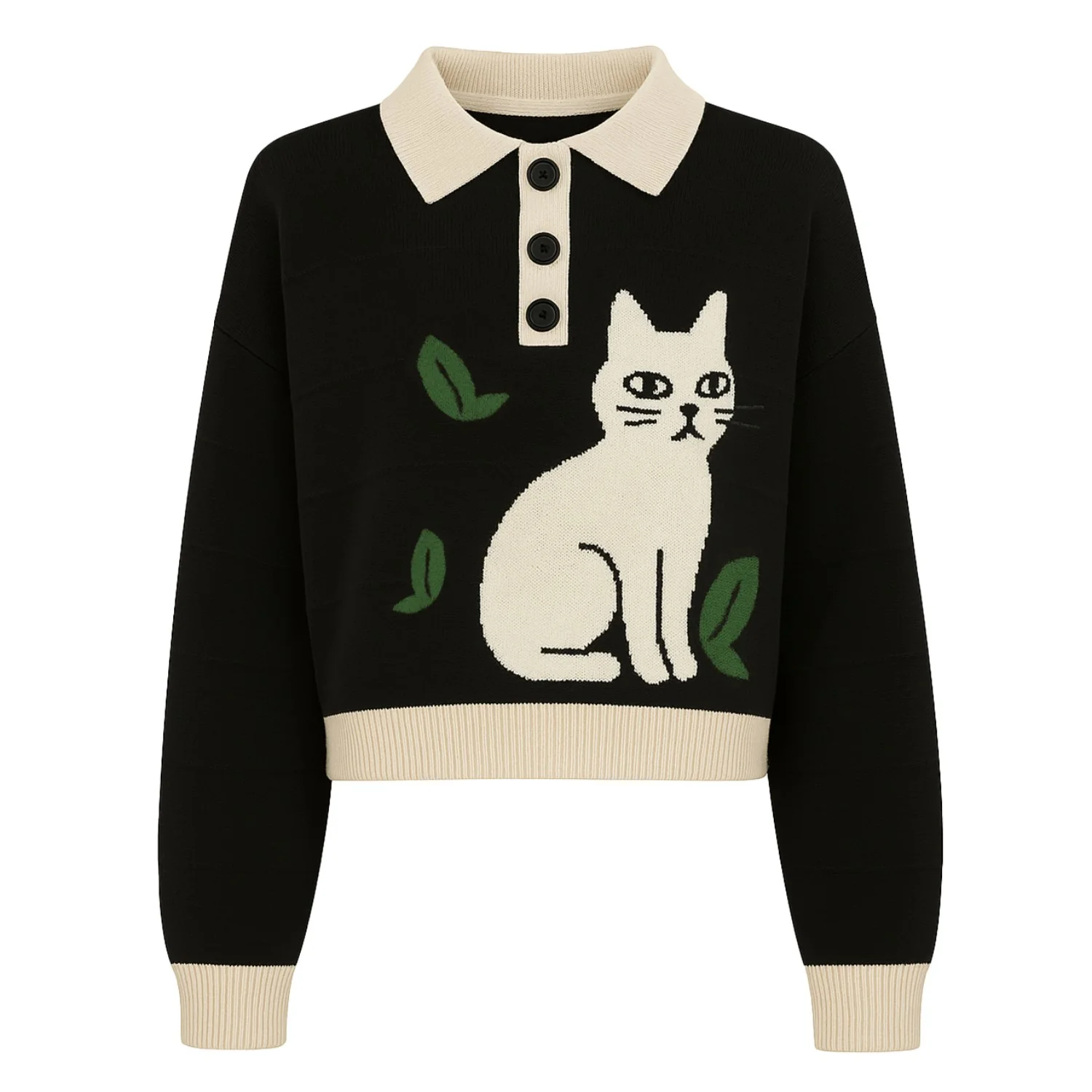 Women's black cat jacquard polo knitwear - Cropped length