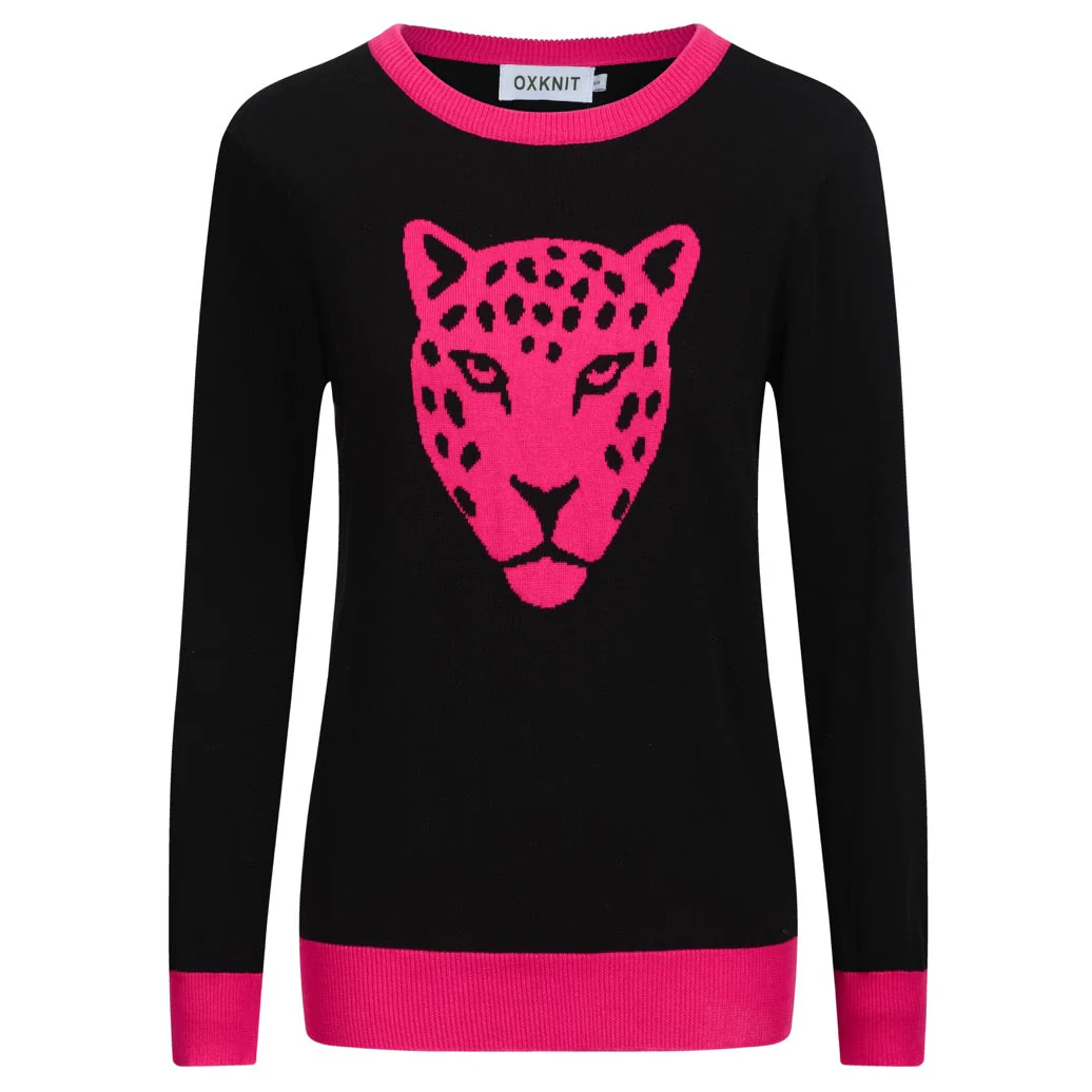 Women's black leopard jacquard vintage knitwear