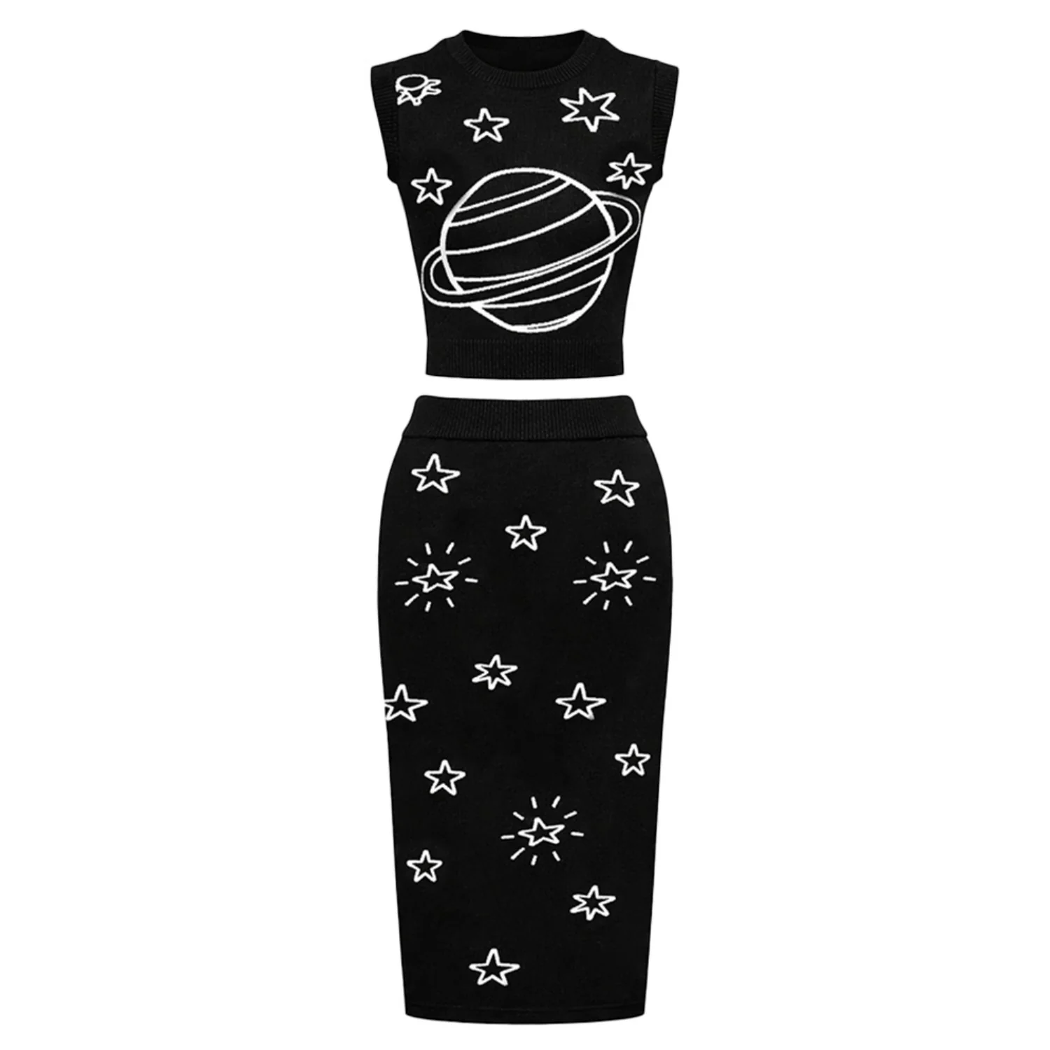 Women's black planet Jacquard vintage vest skirt suit