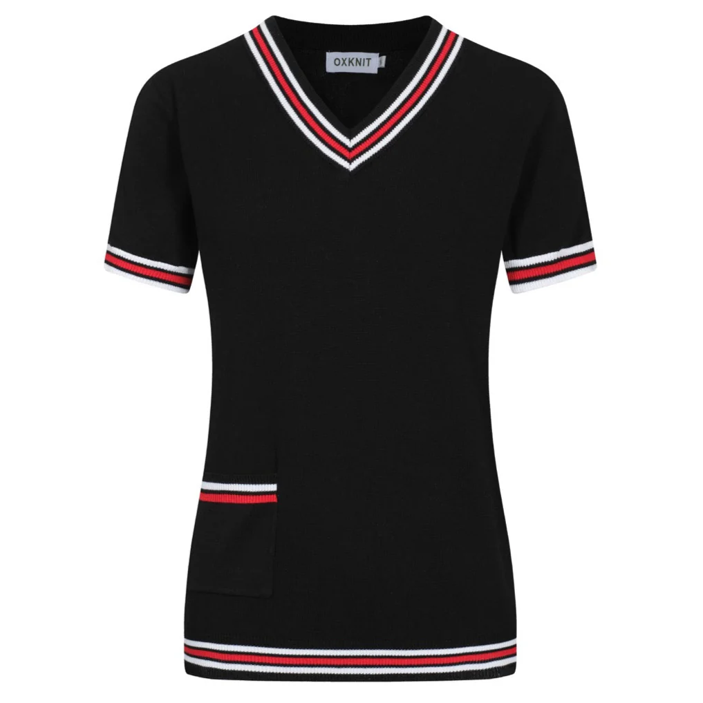Women's black retro pocket V-neck knitted T-shirt