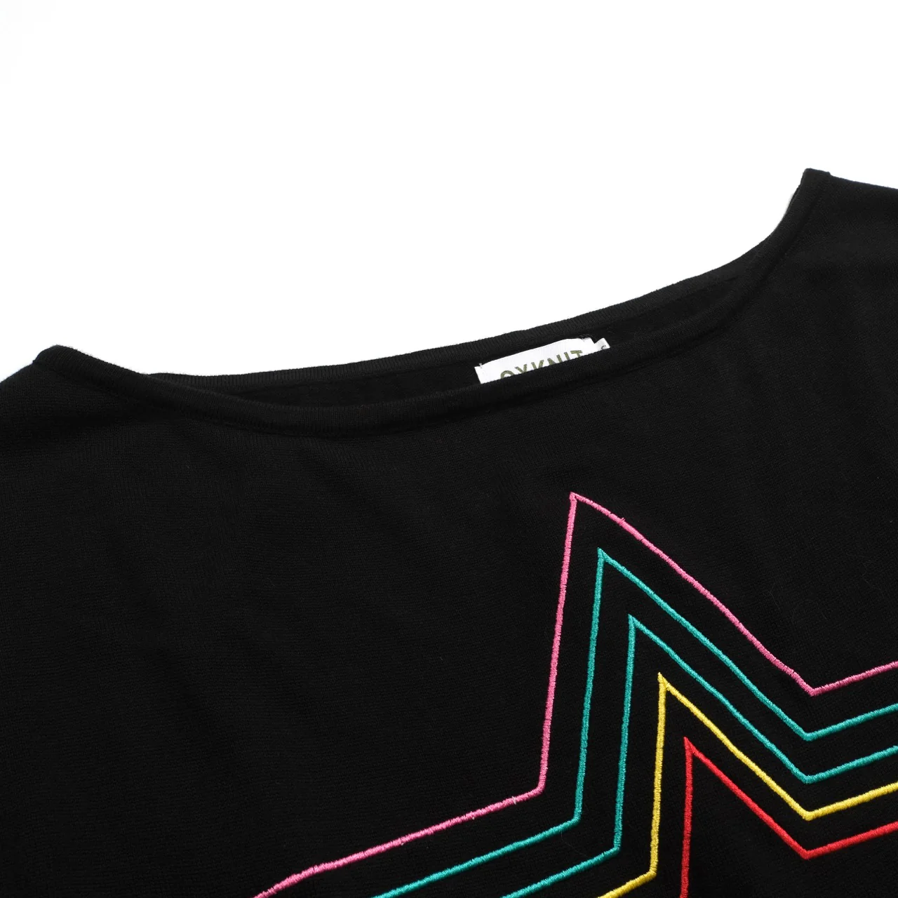 Women's black Retro Star Knitted Plaid Shoulder-Sleeved T-Shirt - Short Size - Image 4