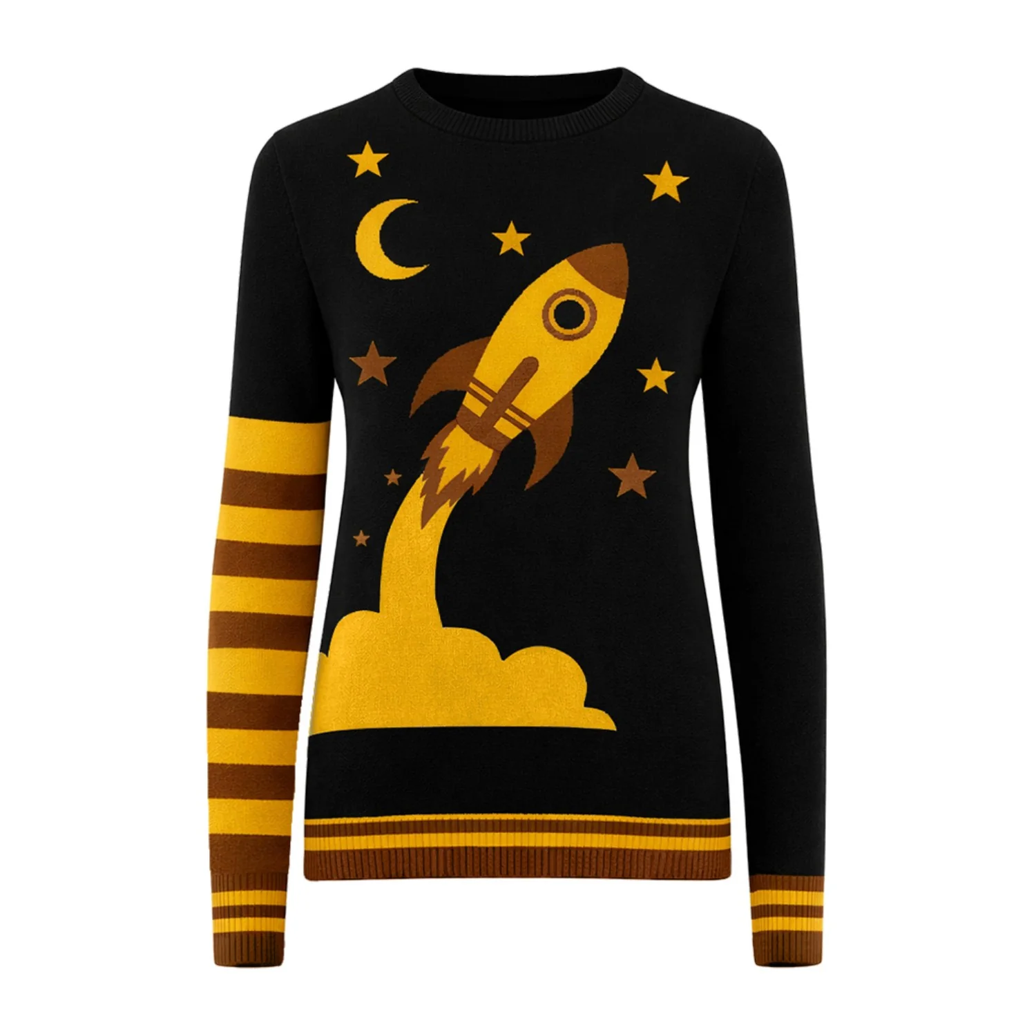 Women's Black Rocket Retro Design Jacquard Knitwear