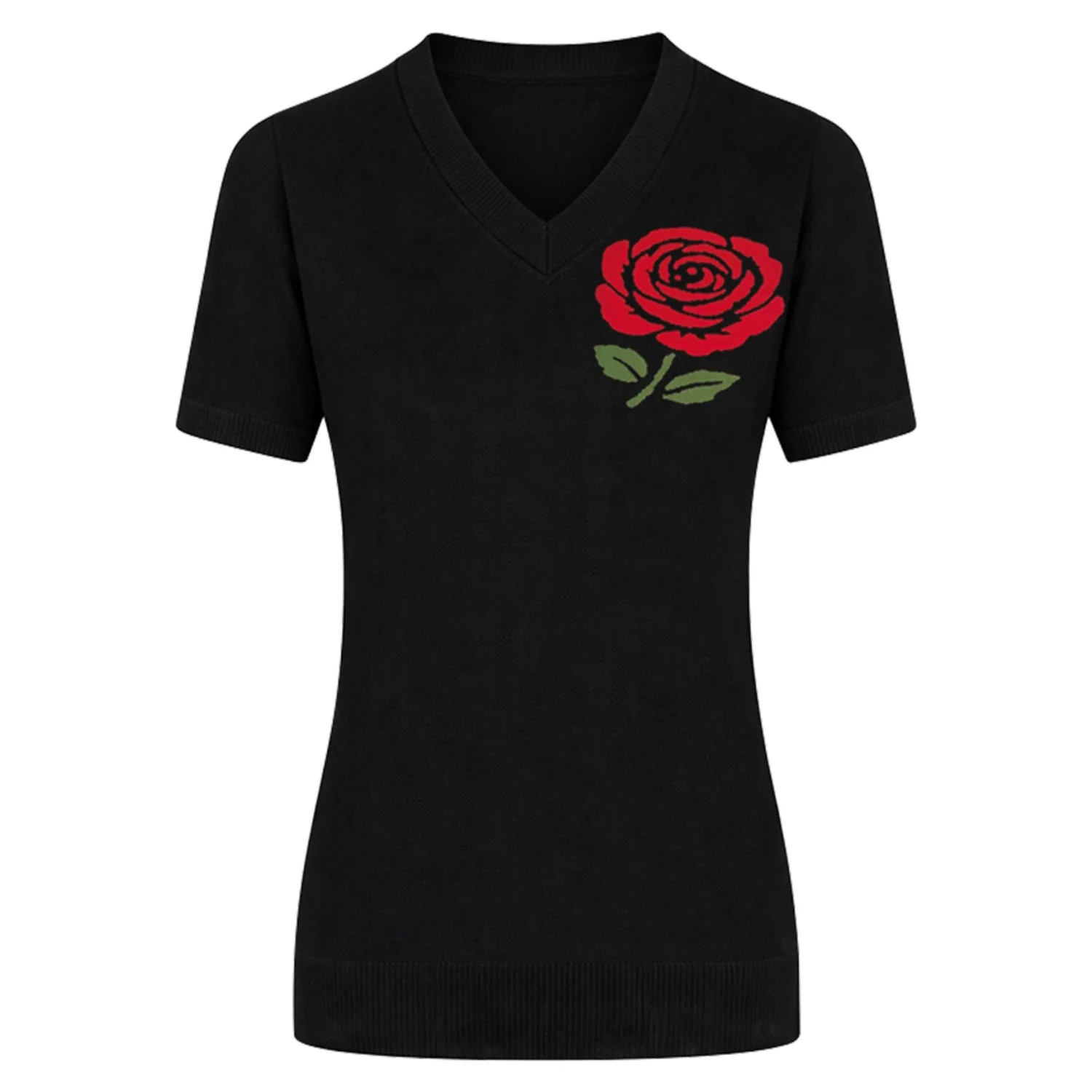 Women's black rose Jacquard vintage knit V-neck T-shirt