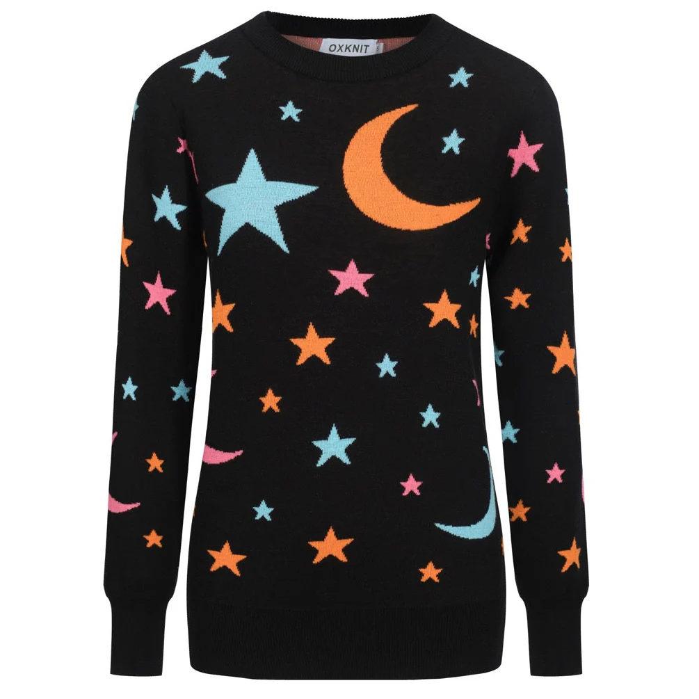 Women's black star moon jacquard knitwear