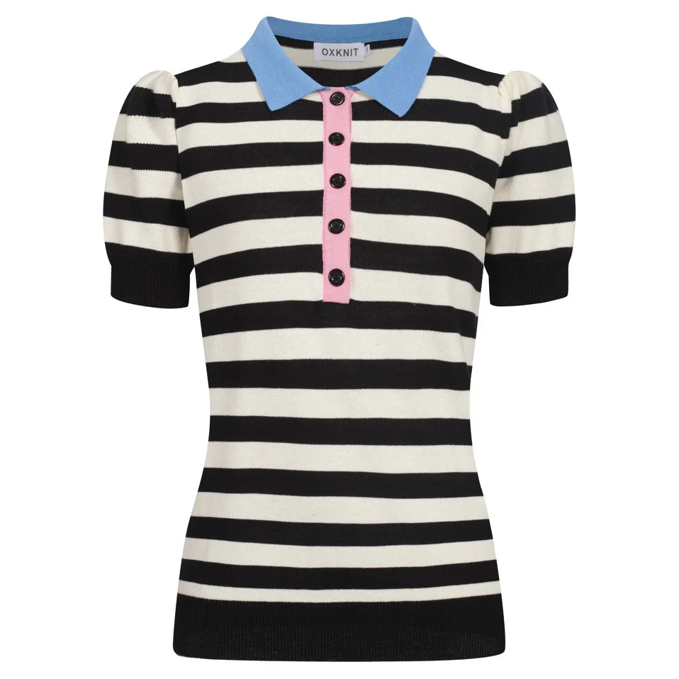 Women's black striped bubble sleeve knitted polo