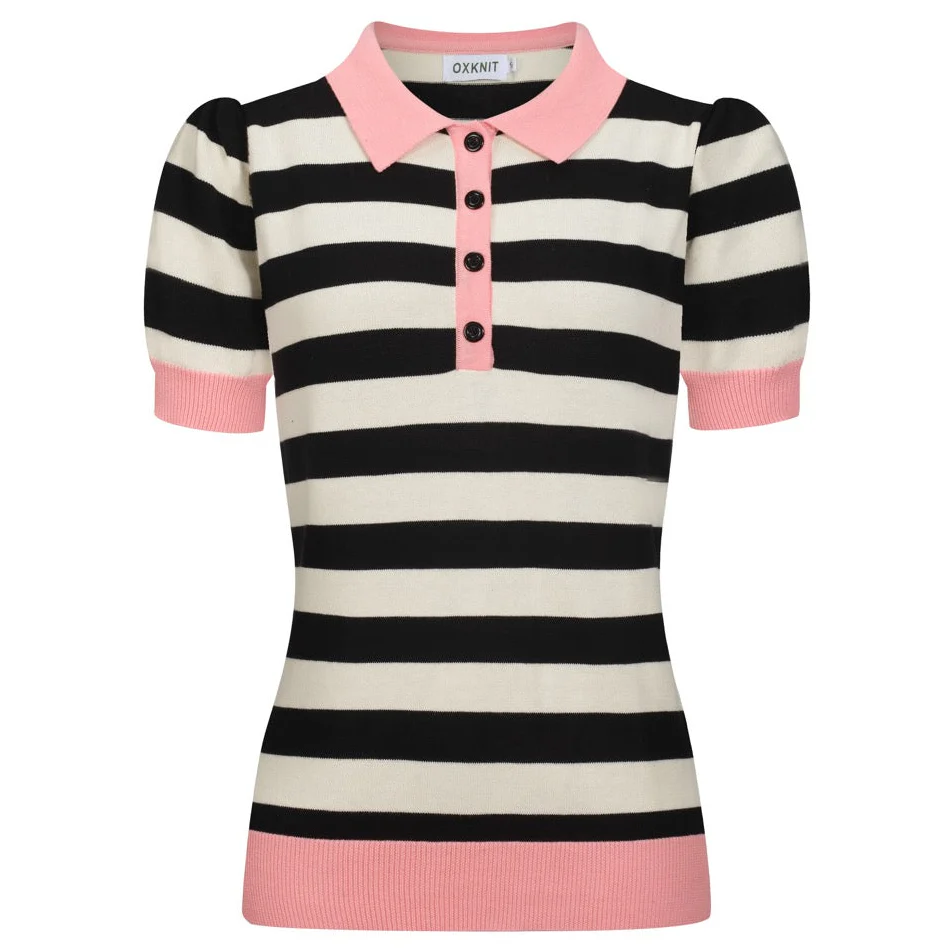 Women's black striped knitted bubble sleeve polo