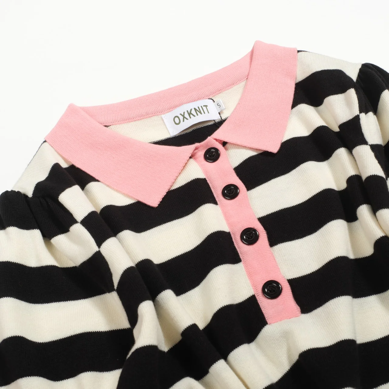 Women's black striped knitted bubble sleeve polo - Image 9