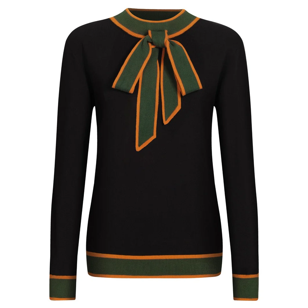 Women's black striped vintage fashion street knit Polo Shirt