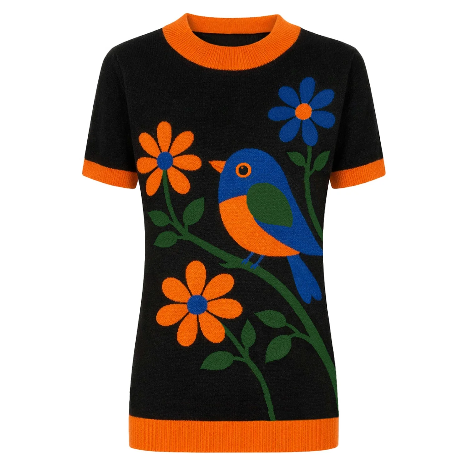 Women's Black Vintage Art Bird Jacquard Knit T-Shirt