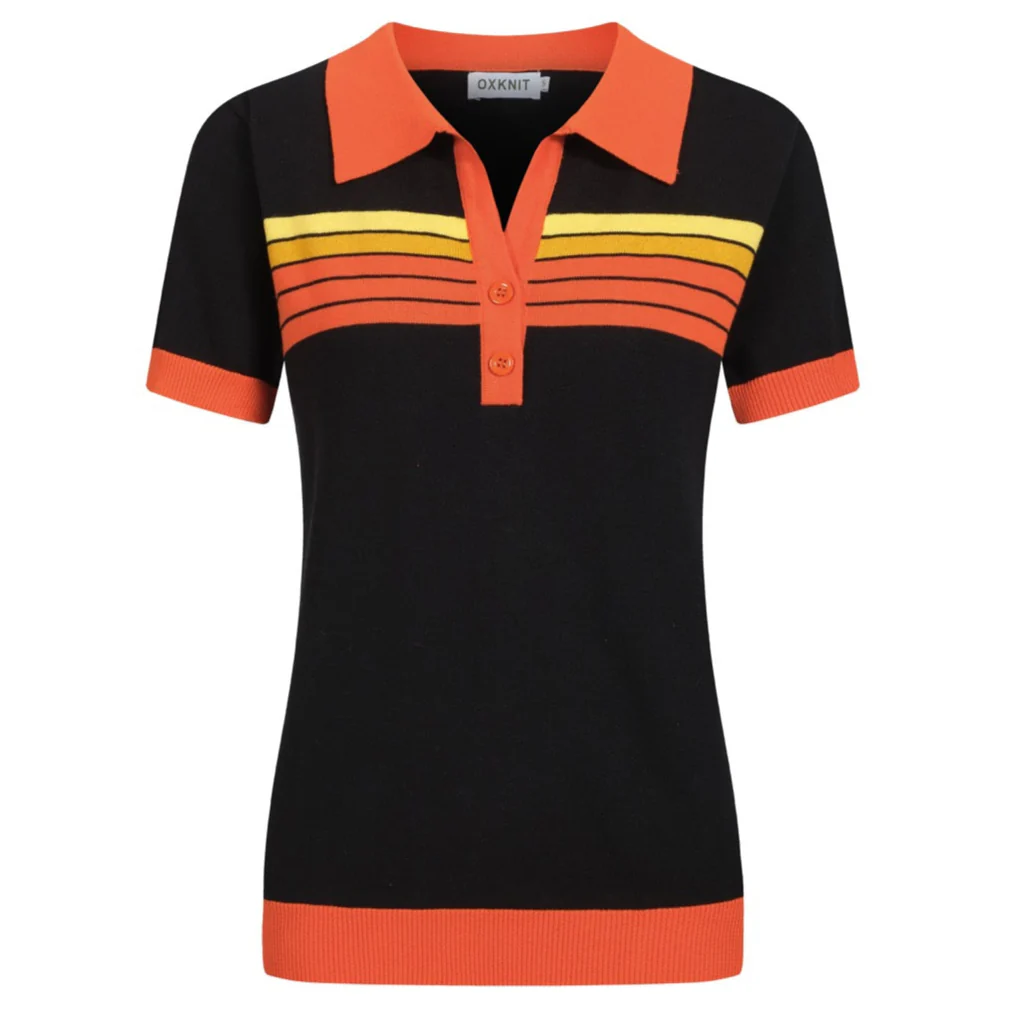 Women's black vintage art striped Jacquard V-neck polo