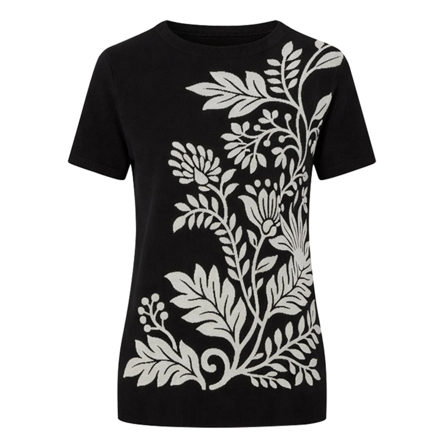 Women's black vintage plant jacquard knit summer T-shirt