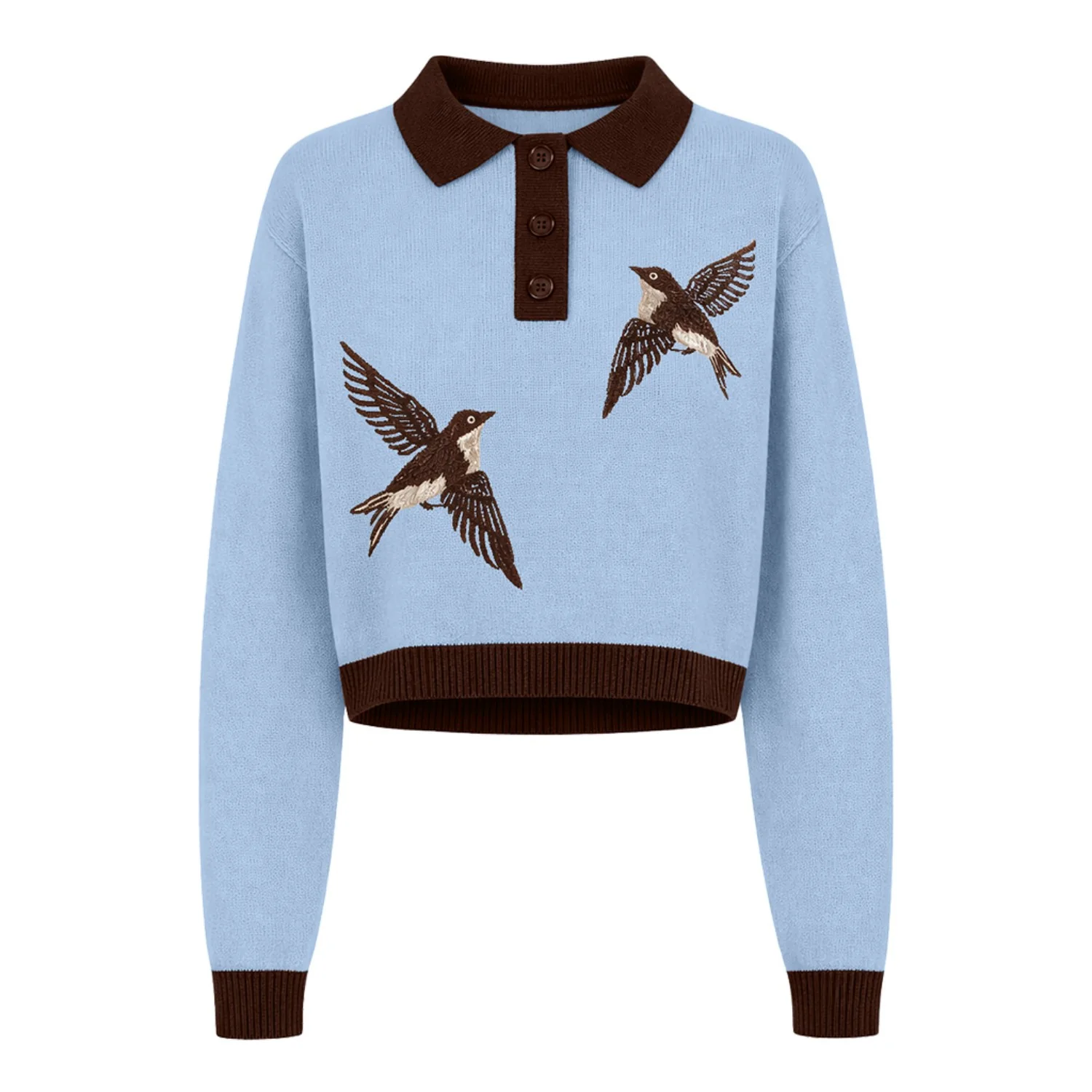 Women's Blue Bird Embroidered Street Knit polo - Cropped Length