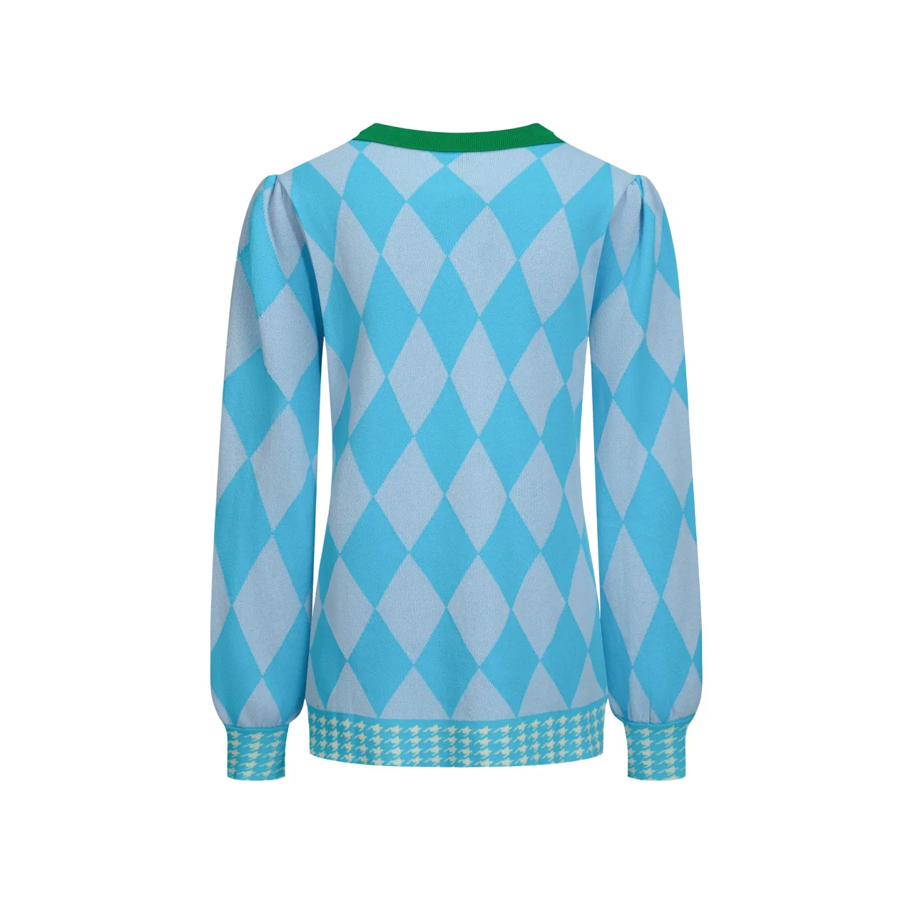 Women's blue diamond lattice jacquard puffed sleeve knit cardigan - Image 3