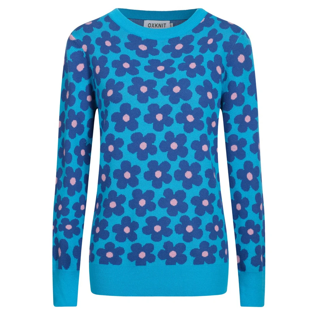 Women's Blue floral Jacquard vintage knitwear