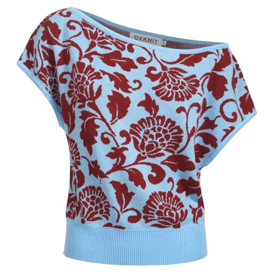 Women's blue slope-shoulder knit T-shirt - Cropped Length