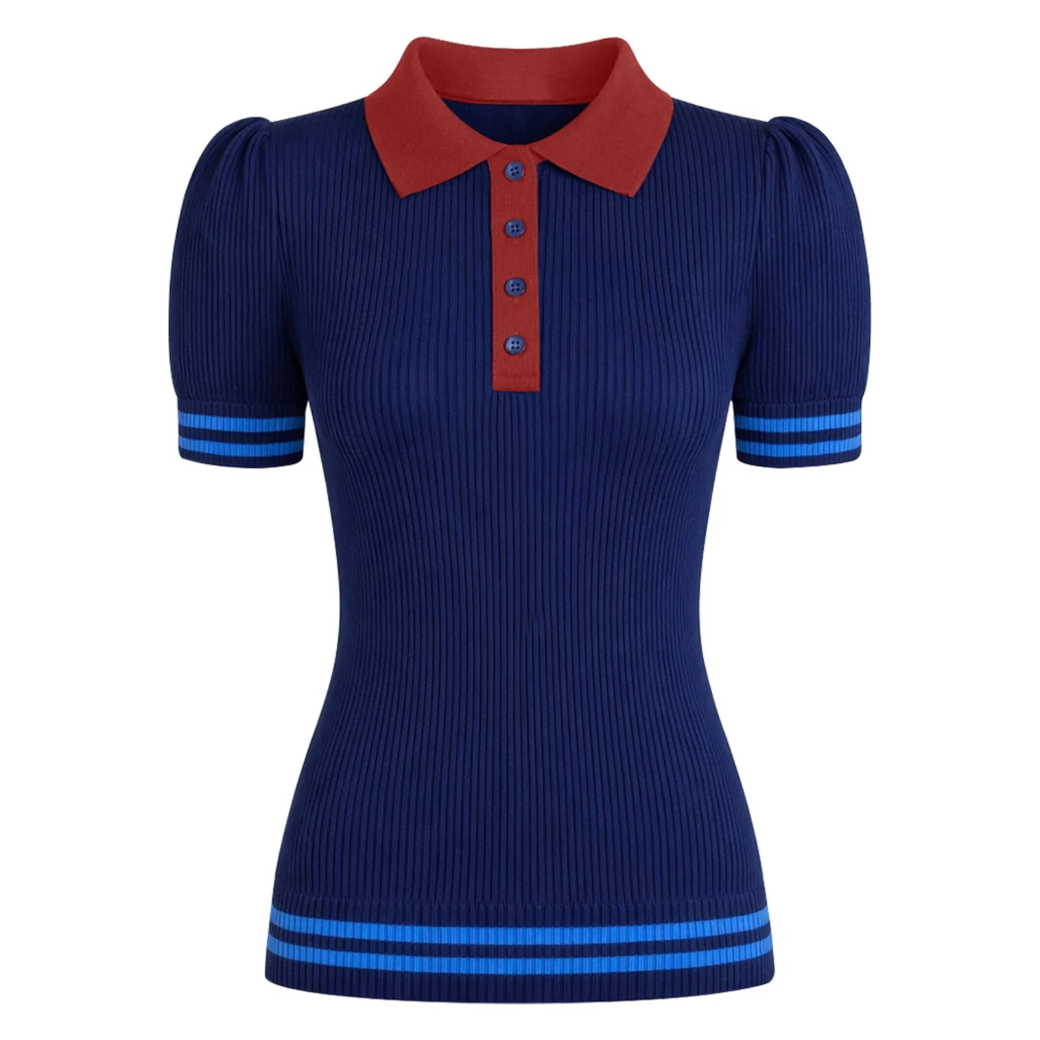 Women's blue striped casual retro knitted polo shirt
