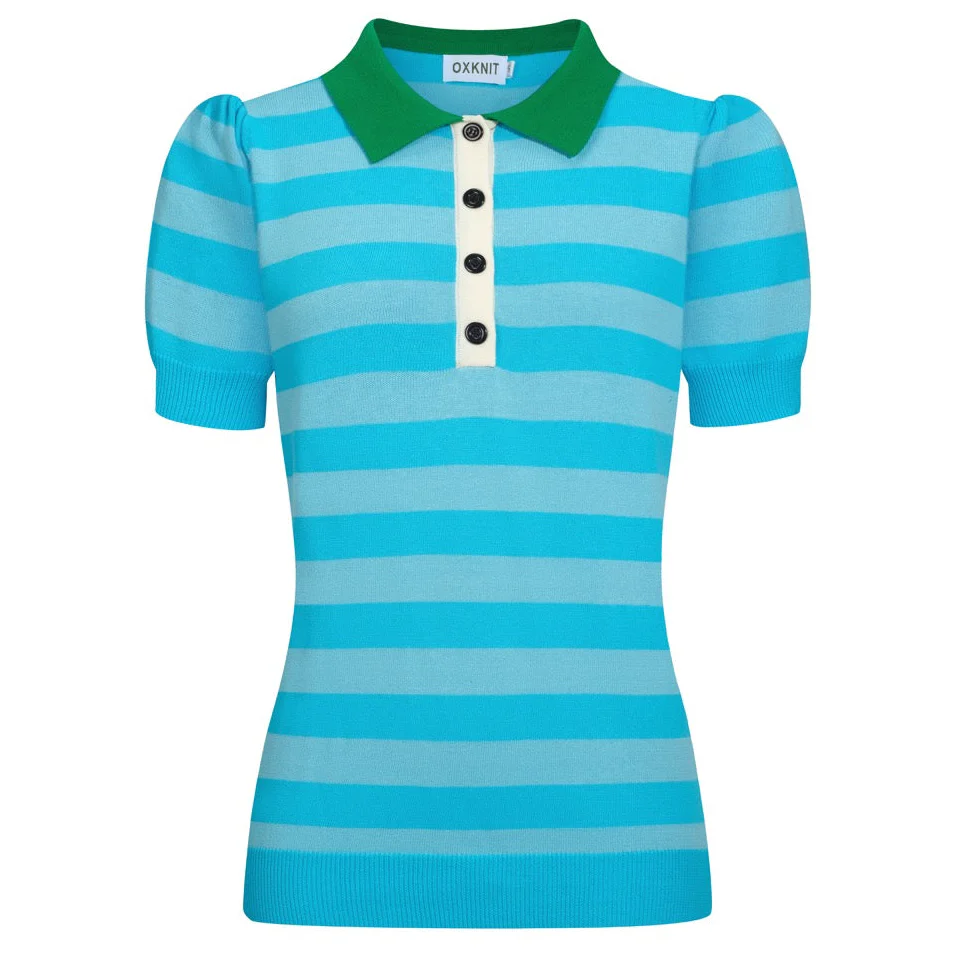 Women's blue striped Collage knitted bubble sleeve polo
